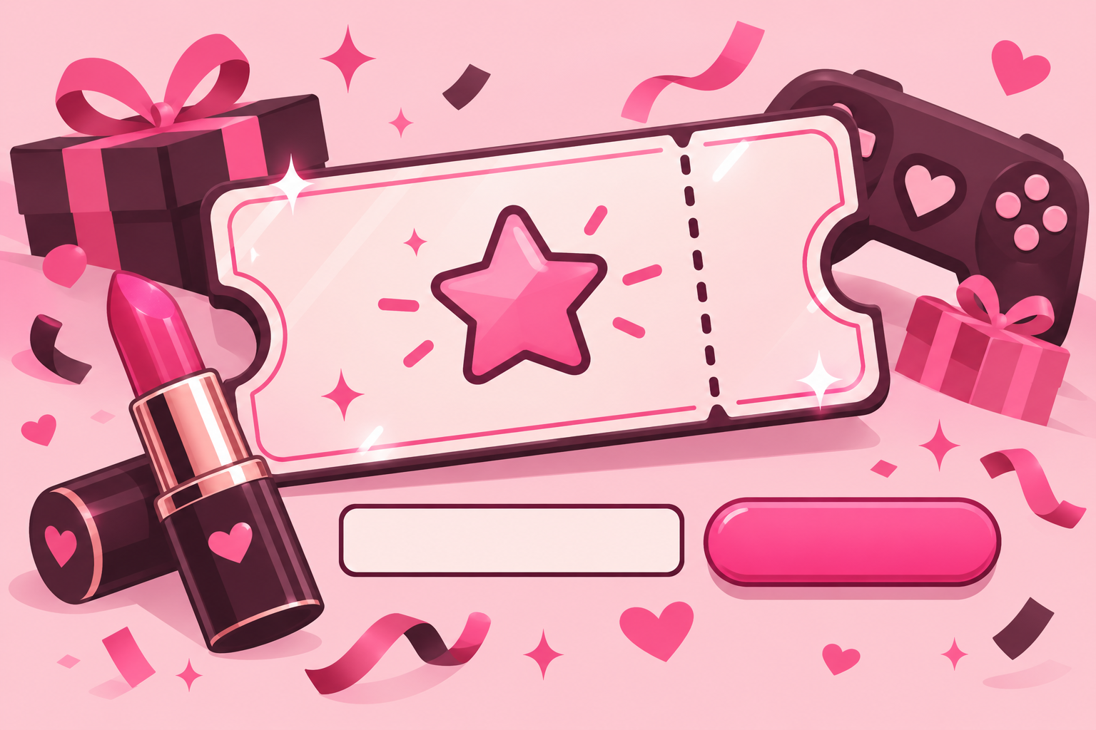 A blank promo coupon with a redeem button shape, confetti and a lipstick