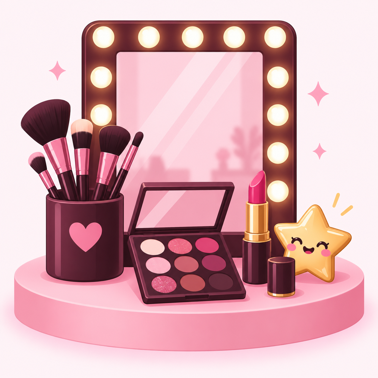 Illustration of a Hollywood vanity mirror with lightbulbs, brushes and a lipstick