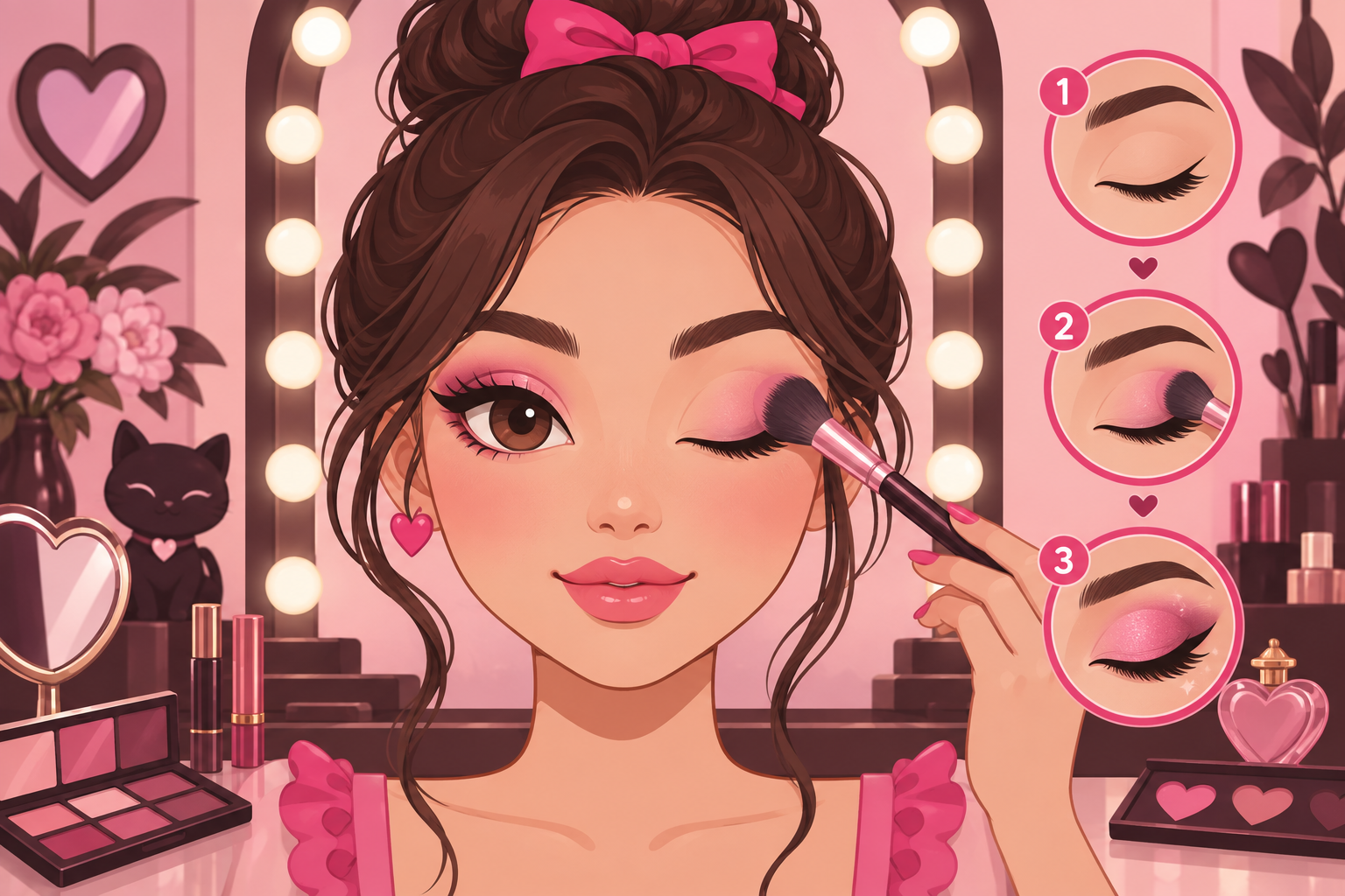 A vanity mirror above a half-painted face canvas with a brush mid-stroke