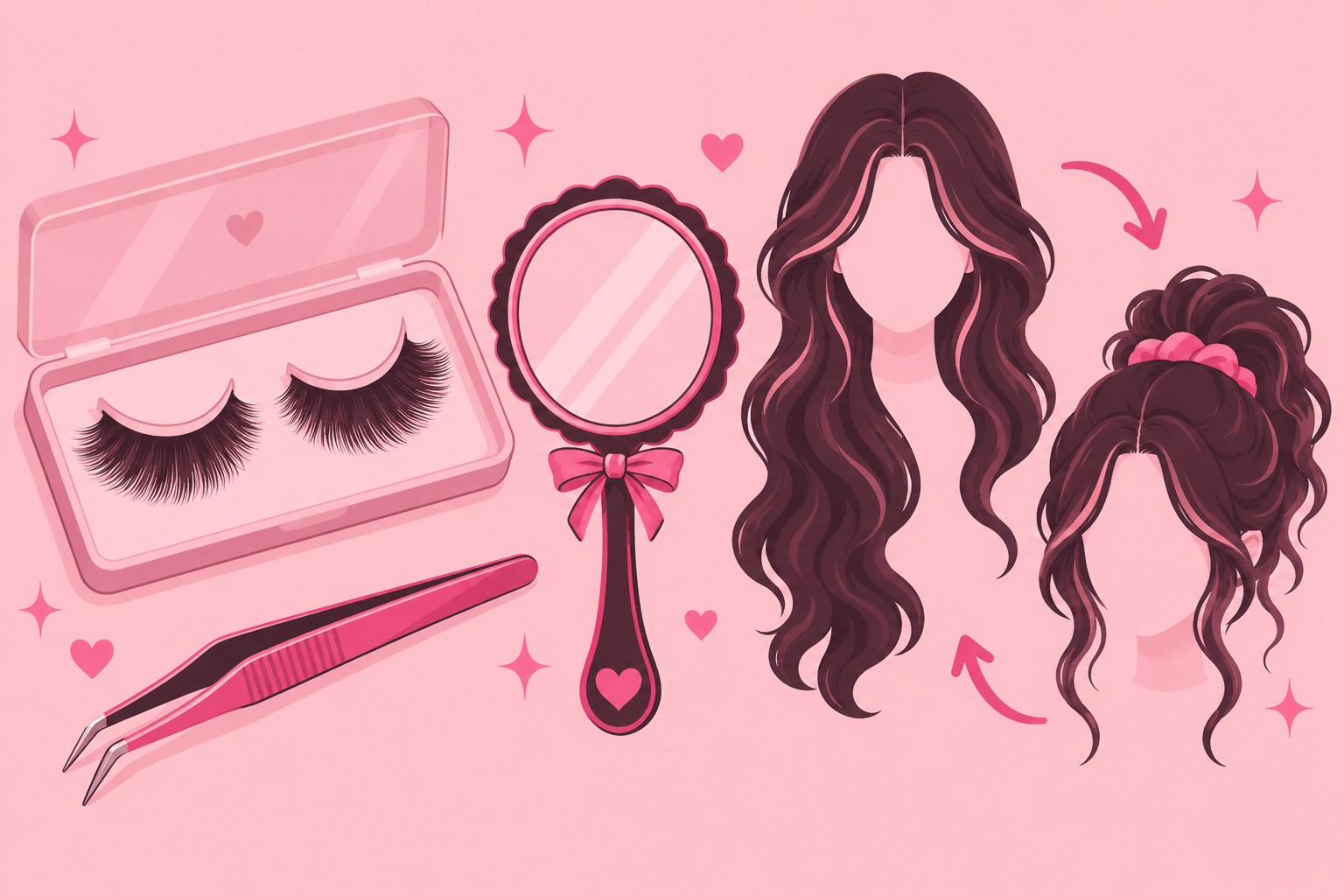 3D false lashes on a tray with tweezers, a mirror and layered hairstyle silhouettes