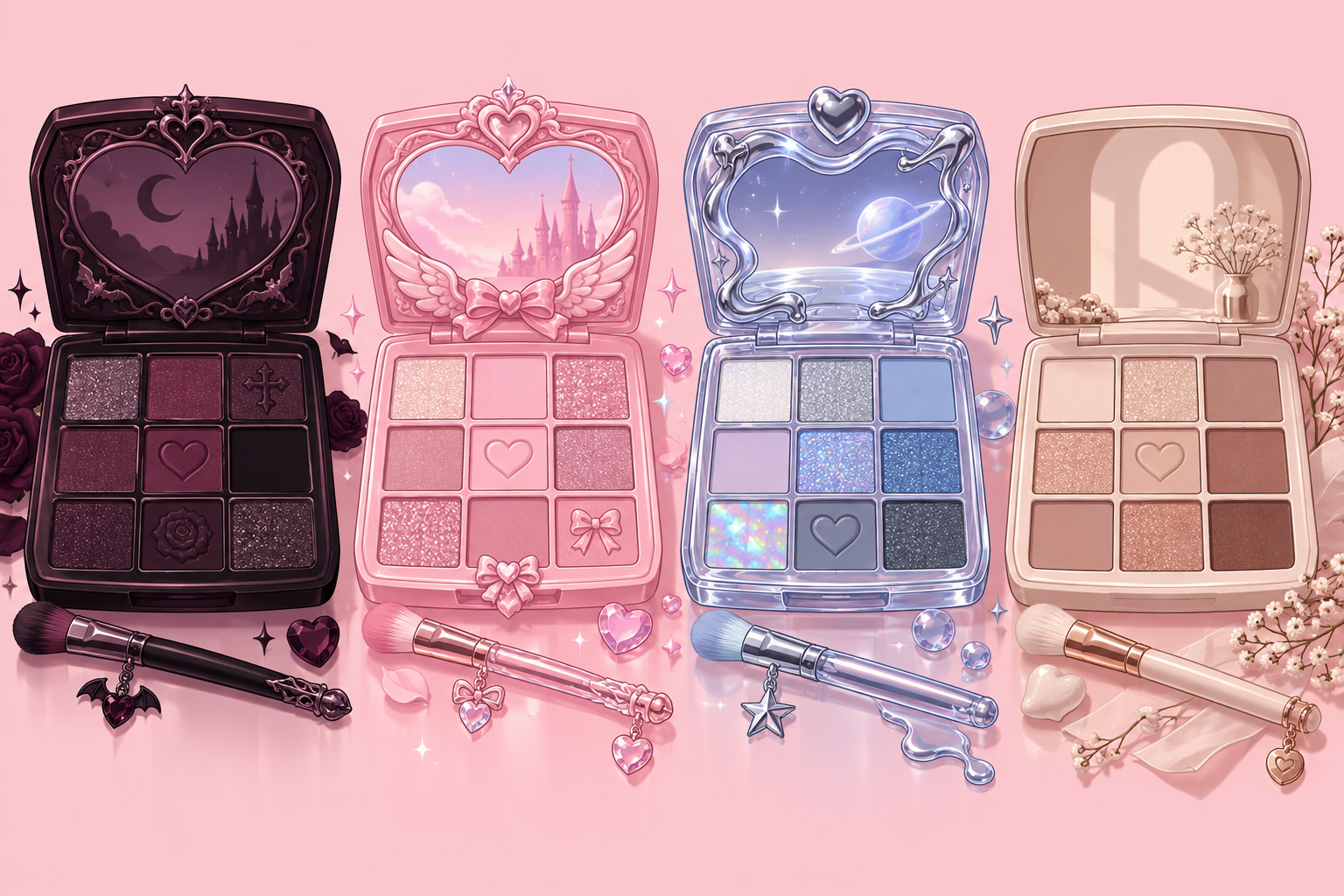 Four eyeshadow palettes in goth, fairycore, Y2K and clean-girl moods
