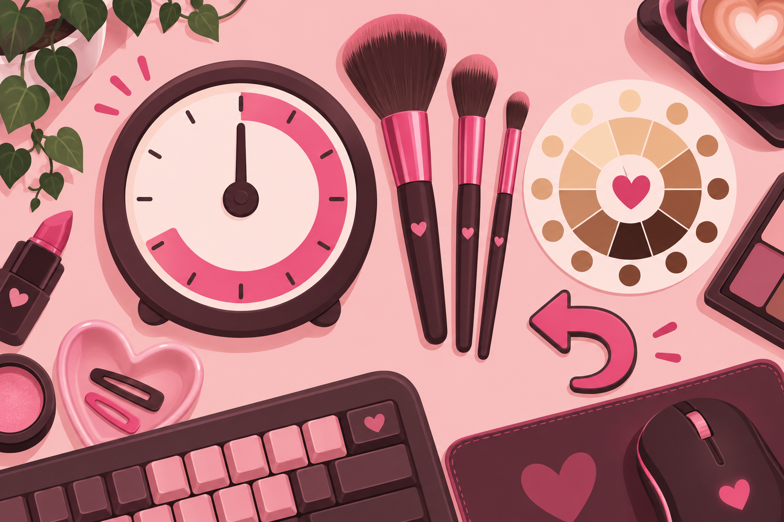 A round timer, brushes of different sizes, a swatch wheel and an undo arrow