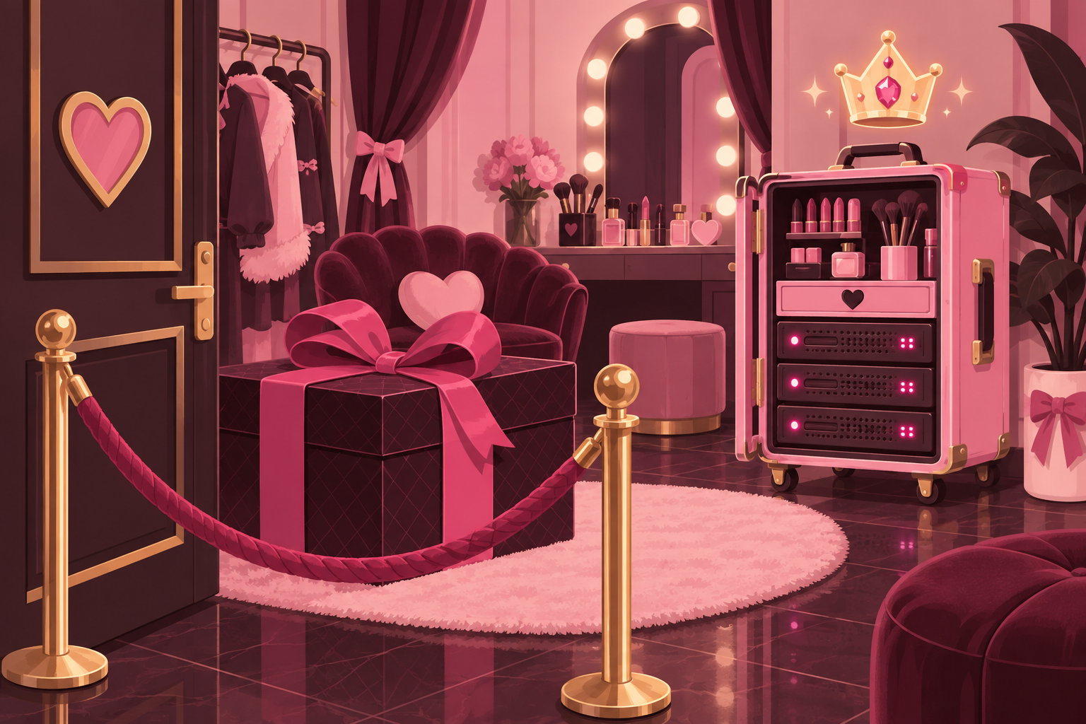 A private dressing room with a velvet rope, a gift box and a pink makeup-case server